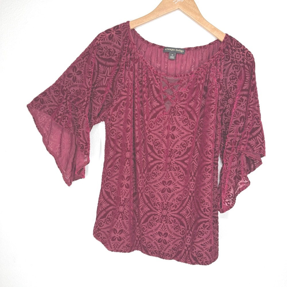 Womens Burgundy‎ Burnout Velvet Bell Flare Sleeve Lattice Neck Blouse 1X Gothic